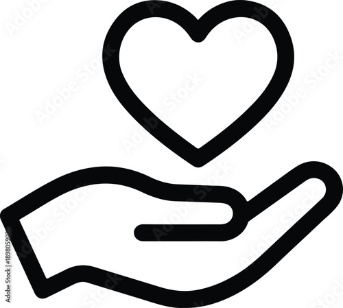 Minimalist thin line vector icon of hand holding heart for zakat charity concept