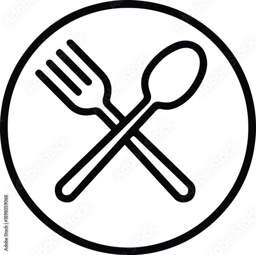 Minimalist thin line vector icon of halal food plate with fork and spoon