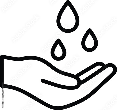 Minimalist thin line vector icon of hand with water drops for wudu ablution