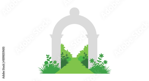 A gray stone archway frames a lush green garden pathway