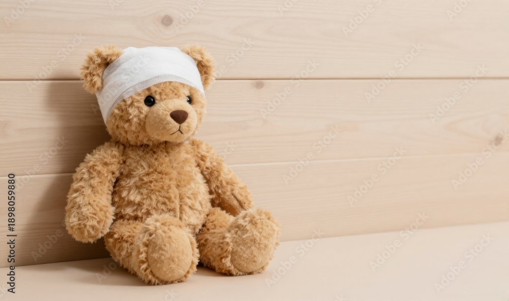 Fototapeta premium Injured Teddy Bear with Bandage, Healthcare Concept Depicting Childhood Illness and Recovery on Neutral Background
