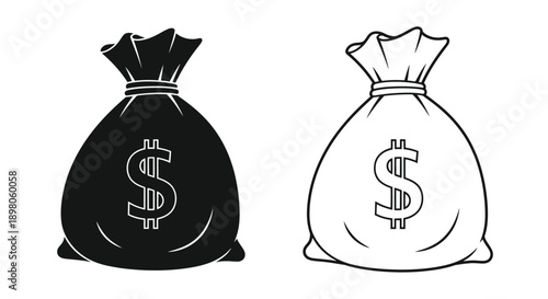 Two monochrome illustrations of money bags with dollar signs