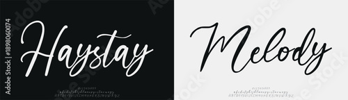 Haystay Melody, Luxury script alphabet letters font with tails. Typography elegant classic lettering serif fonts and number decorative vintage retro concept for logo branding. vector illustration
