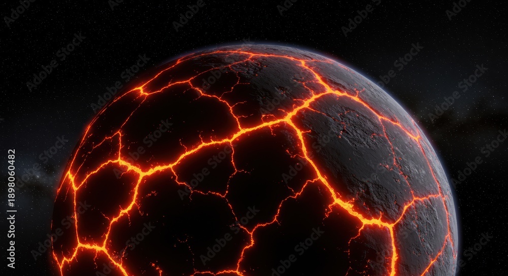 Fototapeta premium Molten Planet's Fiery Embrace: A captivating vision of a celestial body consumed by an inferno, its surface fractured with glowing lava veins against the stark backdrop of the universe.