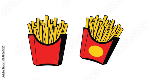 Two servings of french fries in red containers with yellow detailing