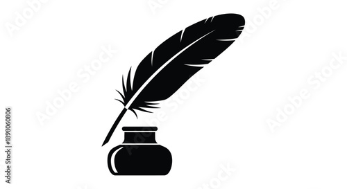 A black quill pen rests beside a small dark inkwell