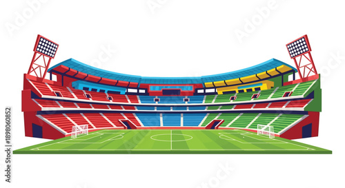 Colorful cartoon illustration of a soccer stadium with a green field