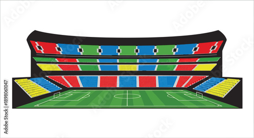 Illustration of a vibrant soccer stadium with colorful seating arrangements