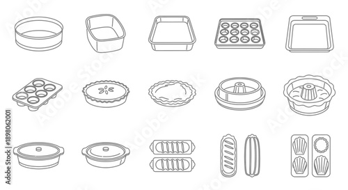 A collection of various baking pans and dishes in line art style, including cake pans, muffin tins, pie plates, and casserole dishes.