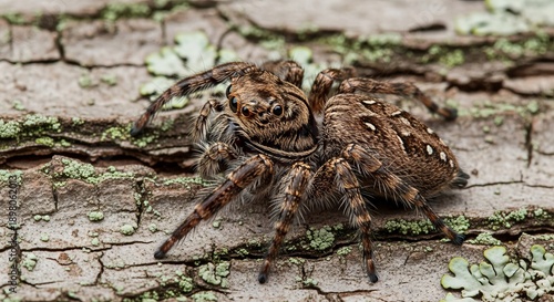 Spider resting on its web or natural surface, showing multiple legs and detailed body structure. An arachnid predator important for controlling insect populations in ecosystems.