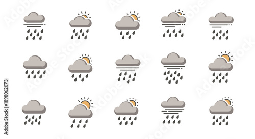 A collection of flat design weather icons depicting various rainy conditions, including sun and rain, and windy rain, against a white background.