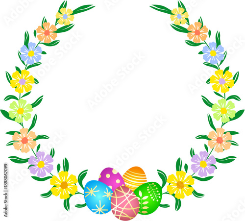 Decorated Easter eggs and a beautiful wreath with flowers and leaves