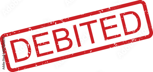 A bold red rubber stamp displays the word DEBITED within a rectangular border against a bright white backdrop