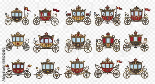 A collection of ornate royal carriages and coaches, featuring intricate designs, crowns, and gold accents, presented as vector illustrations.