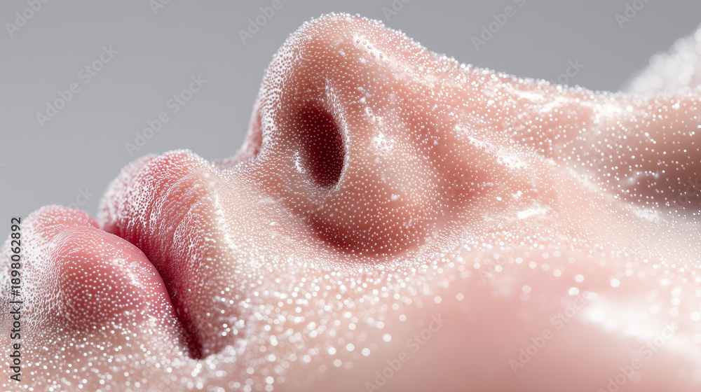 Fototapeta premium Artificial skin surface water droplets macro closeup realistic. Synthetic biological tissue transplant biotechnology innovation. Regenerative medicine laboratory bioengineered material texture pores.
