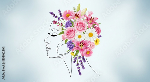 Woman's face with flowers in hair floral head peaceful expression profile view bohemian style