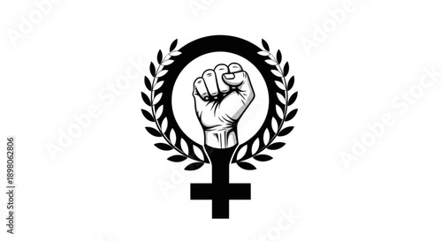 Female empowerment symbol with raised fist and laurel wreath on white background