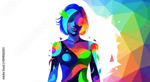 Vibrant woman in colorful abstract polygonal design with rainbow hues and dynamic geometric pattern