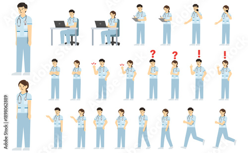 フラットイラスト：男女の看護師セット(白い制服)表情あり