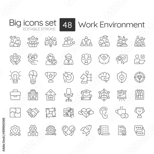 Work environment line icons set. Team leadership, career development. Human resources, goal achievement. Isolated vector outline illustrations. Thin lineart iconset symbols. Editable stroke