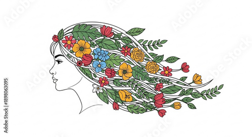 Woman's face with flowers in hair colorful floral design nature inspired illustration beauty concept