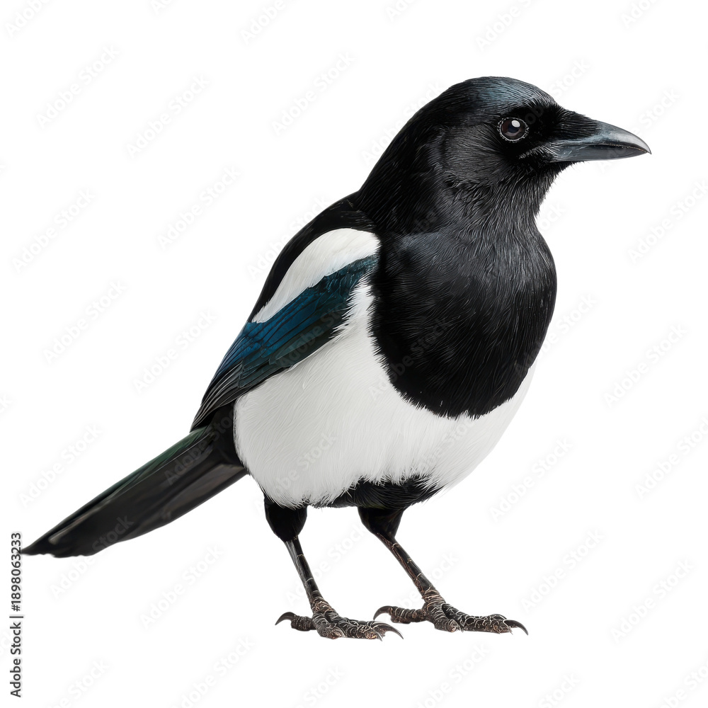 Fototapeta premium Magpie bird isolated on transparent background, black and white wildlife cutout PNG, realistic avian clipart for design