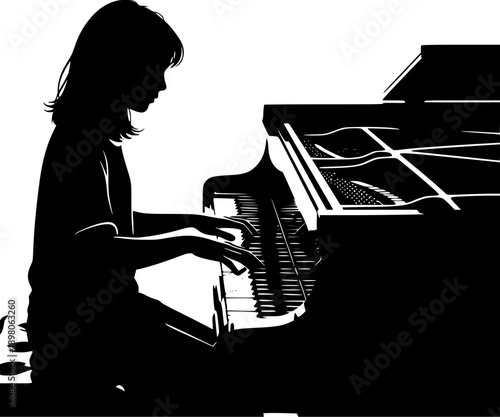 Black and white silhouette illustration of female pianist playing grand piano for classical music performance concept