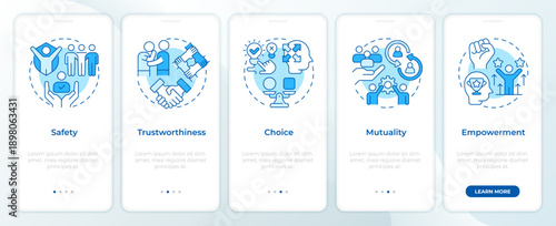 Trauma informed care principles blue onboarding mobile app screen. Walkthrough 5 steps editable graphic instructions with linear concepts. UI, UX, GUI. Montserrat SemiBold, Regular fonts used