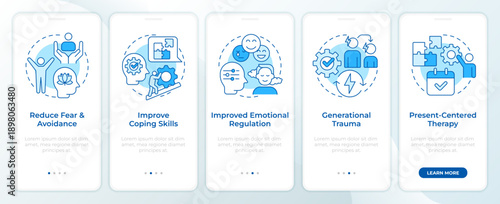 Trauma therapy benefits blue onboarding mobile app screen. Walkthrough 5 steps editable graphic instructions with linear concepts. UI, UX, GUI. Montserrat SemiBold, Regular fonts used