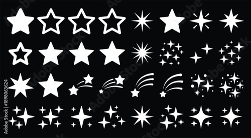 Star Vector Illustration:, star silhouette vector illustration featuring a diverse collection of stars and star like shapes,showcases solid, outlined, and dotted stars