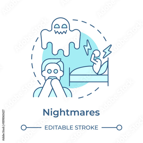 Nightmares soft blue concept icon. Night terrors. Anxiety disorder, sleep disturbance. Round shape line illustration. Abstract idea. Graphic design. Easy to use in brochure, booklet