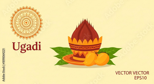 Ugadi festival celebration with traditional indian decor and fruits on a plate