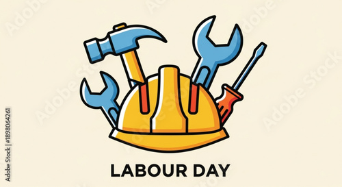 Labour day celebration with tools and hard hat symbolizing workers' rights and holiday