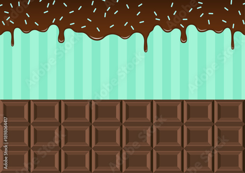 チョコミントの板チョコ背景イラスト 溶けるチョコレートとミントグリーンのストライプ柄スイーツ素材
