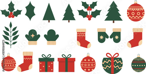 Set of Christmas vector elements with flat festive icons including trees gifts holly and stockings