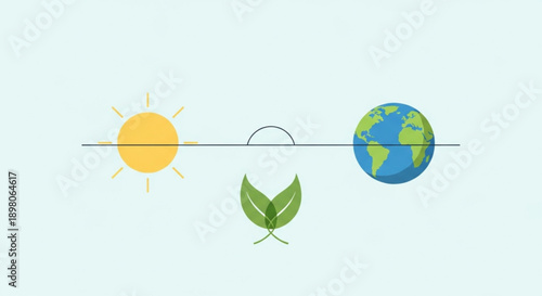 Earth and sun with leaves on a balance scale symbolizing eco friendly harmony