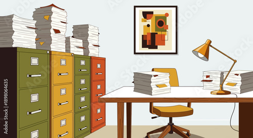An office scene depicting a desk and filing cabinets overflowing with paperwork.