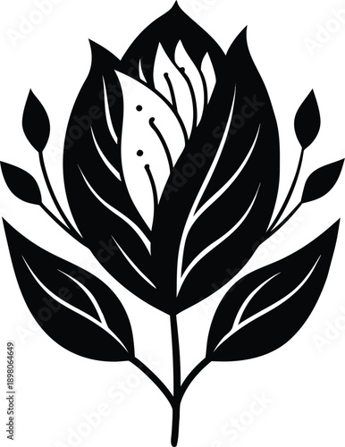 Silhouette of a stylized flower with leaves and buds