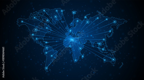 The concept of future global network connectivity technology. World map. Global data transmission or business operations.
