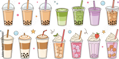 Cute boba bubble tea and iced coffee vector set with various milk tea flavors and whipped cream toppings