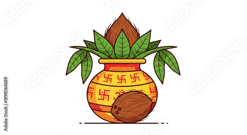 Vibrant hindu puja pot with coconut and green leaves on white background for spiritual and cultural concepts