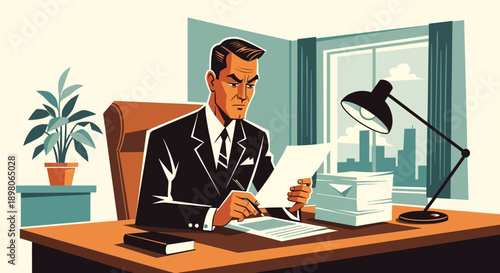 A focused businessman meticulously reviews documents at his desk, working diligently in an office setting.