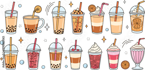 Large collection of cute boba tea and summer fruit drinks vector set with smoothies iced coffee and milk tea