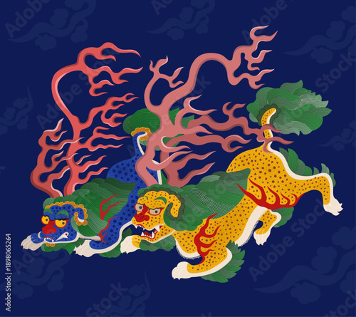 Korean Traditional Mythical Lion Illustration : Guardian for Prosperity and Good Luck Vector | 조선 후기 신수(神獸) 사자(獅子) 일러스트 벡터