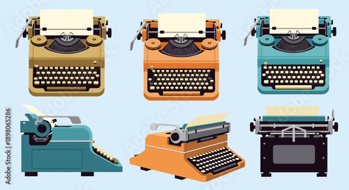 Six vintage typewriters, each in a different color, arranged in a grid, showcasing retro design.