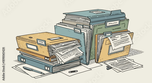 Illustration of stacked file folders overflowing with paperwork, documents, and office supplies.