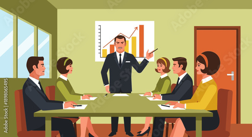 Business meeting illustration showing a team discussion around a table with a presenter explaining a chart flat vector illustration of 1960s