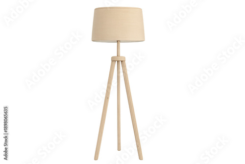 Modern minimalist wooden tripod floor lamp with transparent background