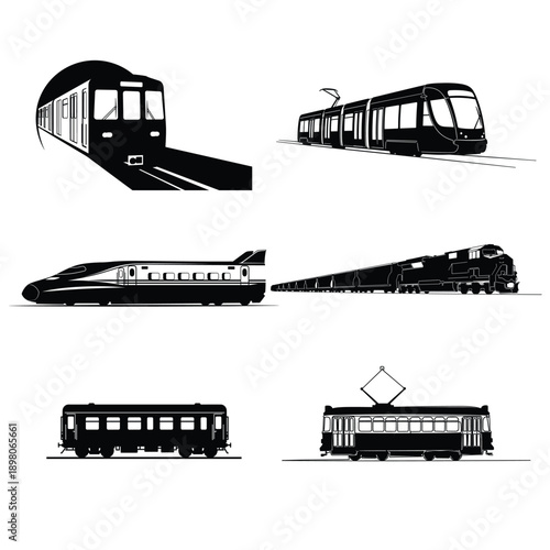 Diverse train and tram silhouettes including bullet train and subway.