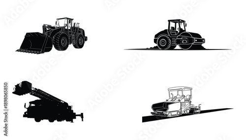 Heavy construction vehicle silhouettes: loader, steamroller, cherry picker, paver.